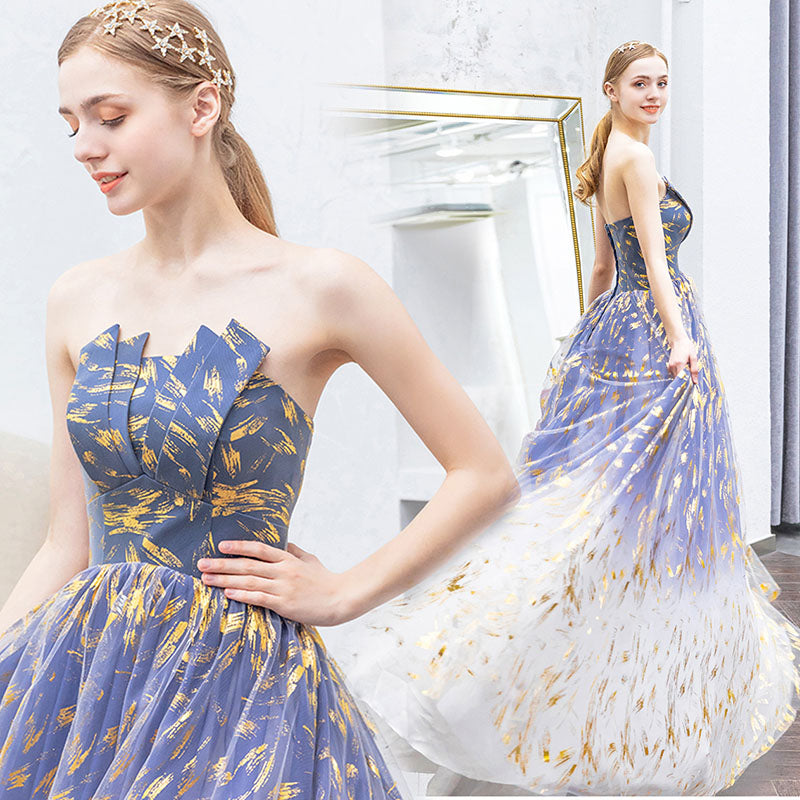Ombre Puffy Strapless Sparkly Prom Dresses Sexy Long Party Dresses N2315