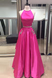 Hot Pink Halter Two Pieces Prom Dress with Pockets, Floor Length Formal Dresses