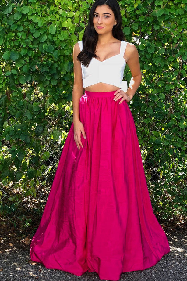 Fuchsia Two Piece Strap Prom Dress With White Top, Long Sexy Formal ...