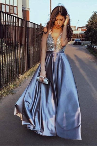 Floor Length V Neck Long Formal Dress with Beading, A Line Cheap Prom Dresses N2240