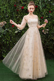 Floor Length Long Sleeve Tulle Evening Dresses with Appliques Prom Gown N2319