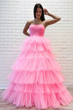 Pink Strapless Layers Prom Dress with Lace Up Back, A Line Floor Length Evening Dress N2602