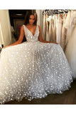 Glitter V-Neck Sleeveless Star Lace Prom Dresses