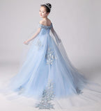 Sky Blue Off the Shoulder Appliques Tulle Flower Girl Dress F080