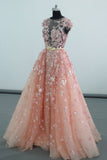 See Through Cap Sleeves Floor Length Tulle Prom Dresses with Appliques Belt N2326