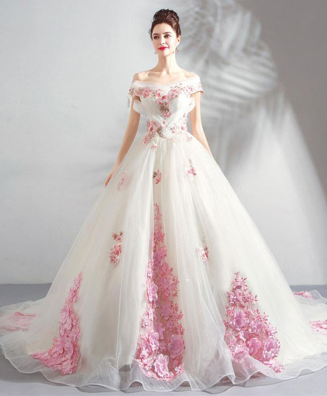 Unique Off the Shoulder Tulle Wedding Dresses with Pink Flowers Ball Gown Wedding Gown N2584