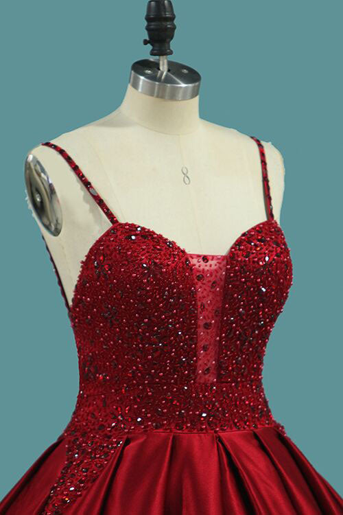 Red Spaghetti Strap Satin Puffy Prom Dresses with Crystals Beading Gorgeous Formal Dresses N1558