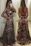 A-Line Sleeveless Embroidery V Back Long Prom Dresses N1560