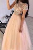 Floor Length Round Neck Tulle Prom Dresses with Beading Short Sleeves Long Evening Dresses N2205