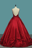 Red Spaghetti Strap Satin Puffy Prom Dresses with Crystals Beading Gorgeous Formal Dresses N1558