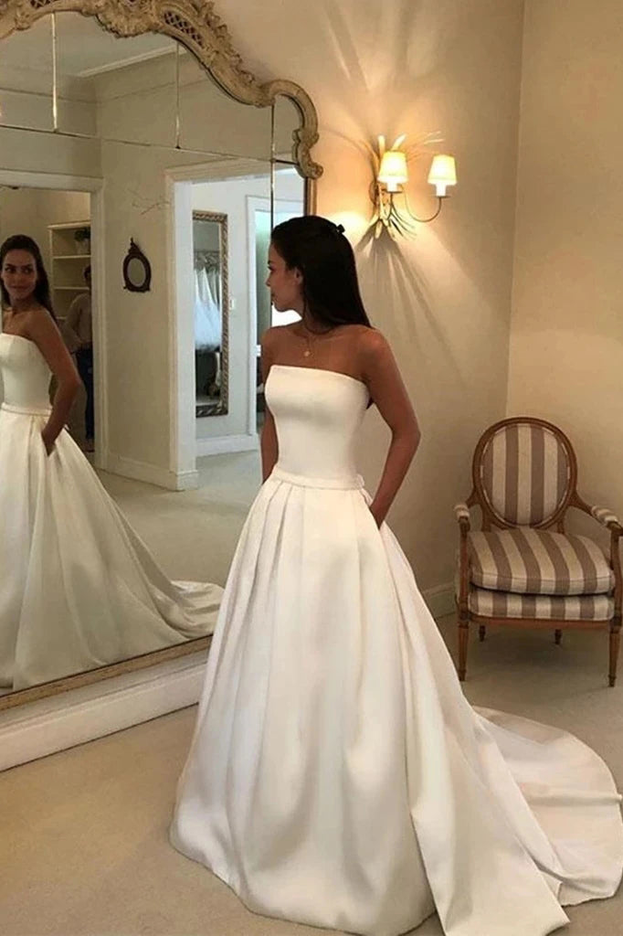 Strapless Satin Long Wedding Dresses A Line Satin Bridal Dresses with Pockets N2633