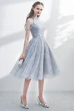 A Line Halter Short Sleeves Tulle Homecoming Dresses with Lace