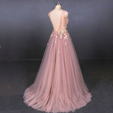 Pink V-Neck Sleeveless Tulle Prom Dresses with Appliques A Line Tulle Evening Dresses N2338