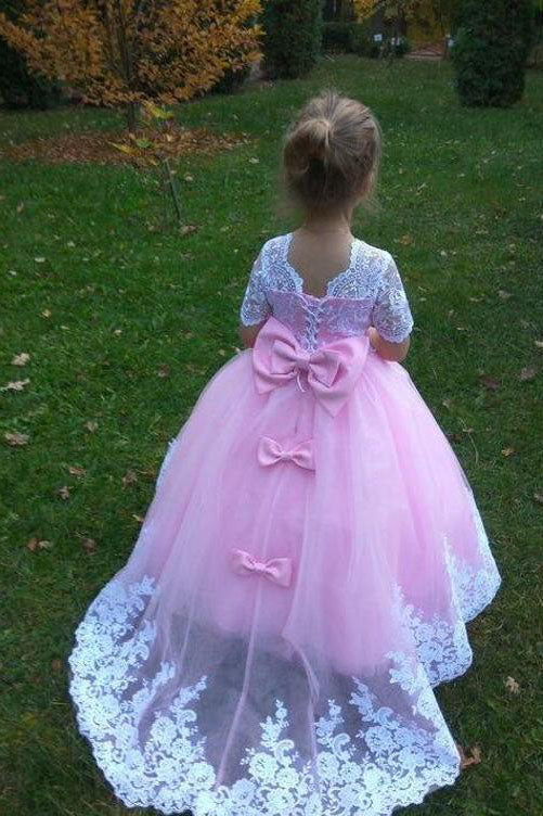Ball Gown Cute Short Sleeves Long Flower Girl Dresses Lace Appliques Bow Flower Girl Dresses F079