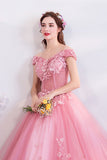 Off the Shoulder Puffy Tulle Prom Dresses Appliqued Quinceanera Dresses N2279