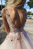 Light Pink V-Neck Sleeveless Tulle Prom Dresses with Flowers and Beads N2389