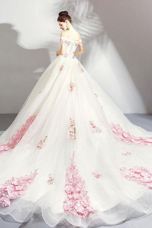 Unique Off the Shoulder Tulle Wedding Dresses with Pink Flowers Ball Gown Wedding Gown N2584