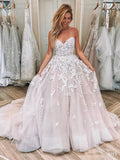 Spaghetti Strap Sleeveless Lace Appliqued Puffy Wedding Dresses