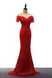 Red Off the Shoulder Mermaid Lace Prom Dresses Sweep Train Long Evening Dresses N1193