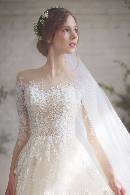 Romantic 3/4 Sleeves Illusion Neckline Lace Appliqued Wedding Dresses N2555