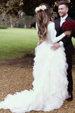 Ruffles Long Sleeves Tulle Beach Wedding Dresses with Sweep Train