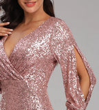Long Split Sleeve Mermaid V-Neck Rose Gold Sequins Prom Dresses Formal Dresses XU90814