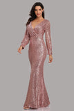 Long Split Sleeve Mermaid V Neck Rose Gold Sequins Prom Dresses, Formal Dress XU90814