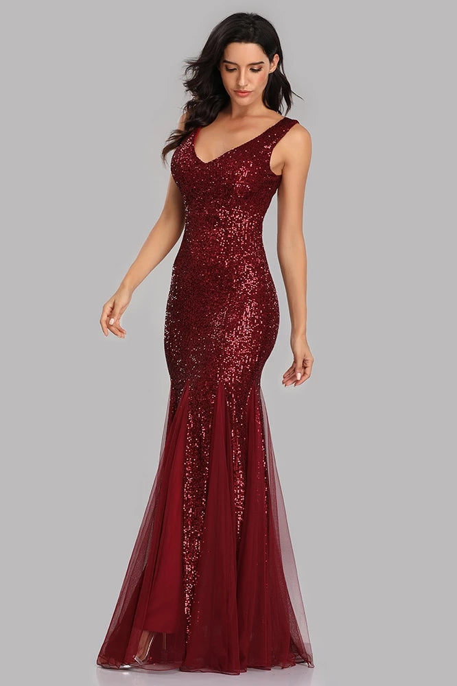 Sexy Burgundy Tulle V-Neck Mermaid Sequin Floor Length Prom Dresses XU90813