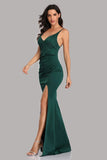 Straps Green Side Slit Mermaid Prom Dresses Sexy Beads V-Neck Formal Dresses XU90815