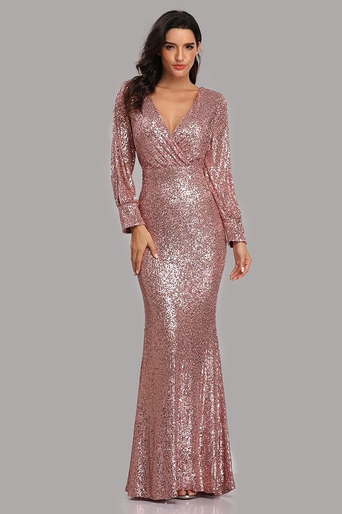 Long Split Sleeve Mermaid V-Neck Rose Gold Sequins Prom Dresses Formal Dresses XU90814
