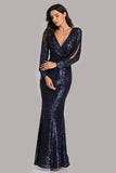 Long Split Sleeve Mermaid V-Neck Rose Gold Sequins Prom Dresses Formal Dresses XU90814