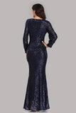 Long Split Sleeve Mermaid V-Neck Rose Gold Sequins Prom Dresses Formal Dresses XU90814