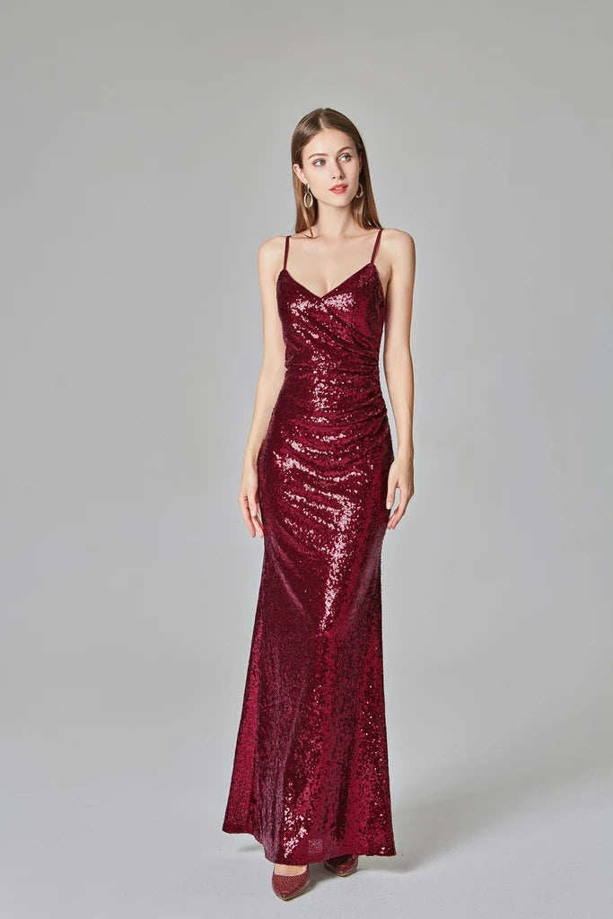 Spaghetti Straps Burgundy Sequins Prom Dresses Party Dresses XU90811