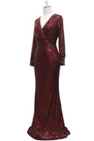 Long Split Sleeve Mermaid V-Neck Rose Gold Sequins Prom Dresses Formal Dresses XU90814