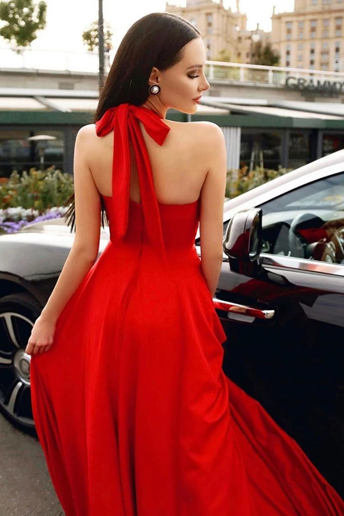 Stylish Red Halter Long Prom Dresses Floor Length Sleeveless Evening Dresses with Pockets N2619