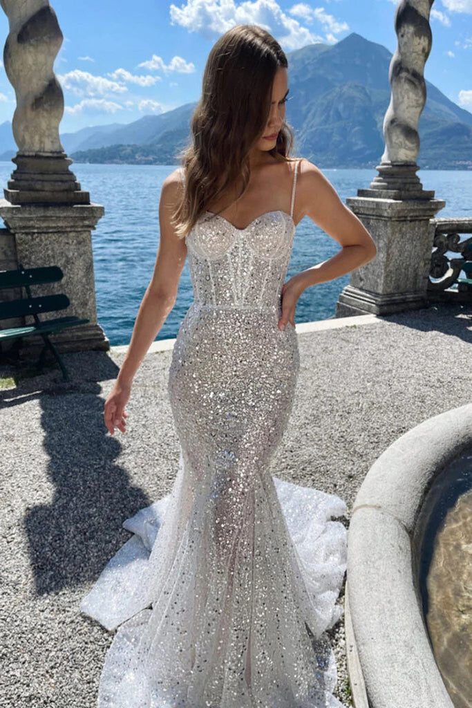 Spaghetti Straps Sweetheart Mermaid Wedding Dress Bohemian Bridal Gown OK1982