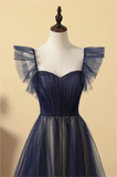 Dark Blue Flying Sleeves Prom Dress Sparkly Graduation Dress PM205