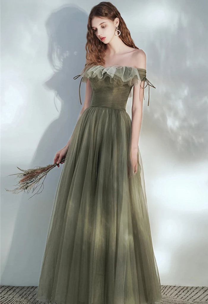 Off the Shoulder A Line Tulle Floor Length Green Elegant Fairy Dresses Prom Dresses