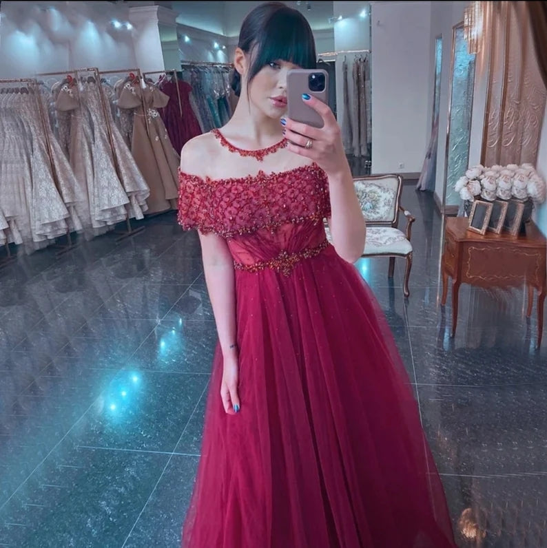 Beading A-Line Chic Sheer Neck Evening Dress Tulle Long Prom Dress