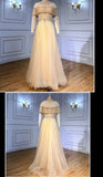 Beading A-Line Chic Sheer Neck Evening Dress Tulle Long Prom Dress