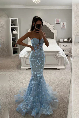 Light Blue Sweetheart Mermaid Long Prom Dresses Formal Evening Dresses OK2022