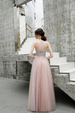 A Line Floor Length Spaghetti Straps Tulle Prom Dress with Beads N2658