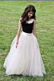 Hot Sale Cheap Tulle Girl Skirt Ivory Tulle Long Flower Girl Dress with Black Top F051