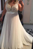 A-Line Sleeveless Tulle Plus Size Lace Appliques Prom Dress N2219