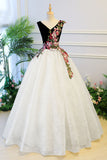 Puffy V Neck Lace Prom Dress with Appliques, Cheap Lace Quinceanera Dress N1556