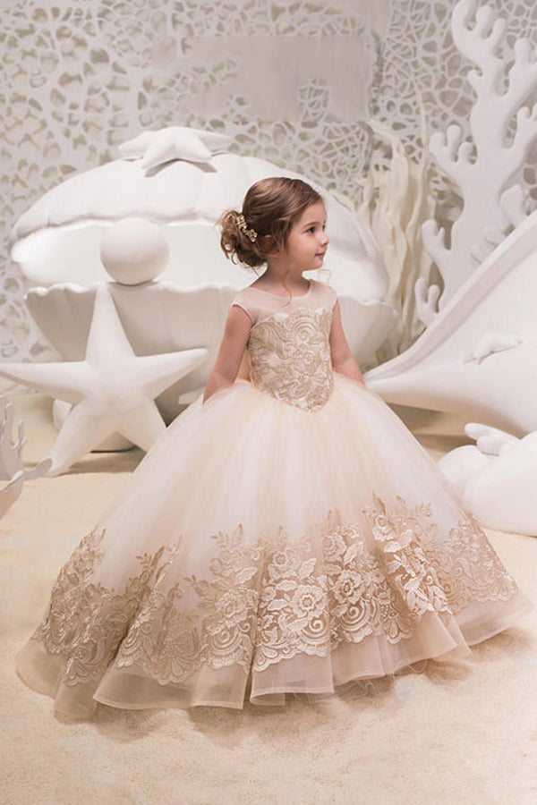 Ivory Ball Gown Tulle Flower Girl Dress with Lace, Backless Flower Girl Dress with Bow F047