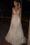 New Style A Line Deep V Neck Sequined Prom Dresses, Spaghetti Straps Floor Length Dress N2404