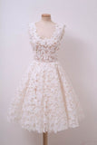 Ivory Lace Knee Length Homecoming Dresses, A Line Scoop Sleeveless Graduation Dress