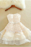 Ivory A Line Tulle Homecoming Dress, Applique Short Prom Dress with Beads