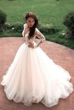 Boho Puffy Tulle Bridal Dress with Lace, Long Sleeves Sheer Neck Ivory Wedding Dress N1269